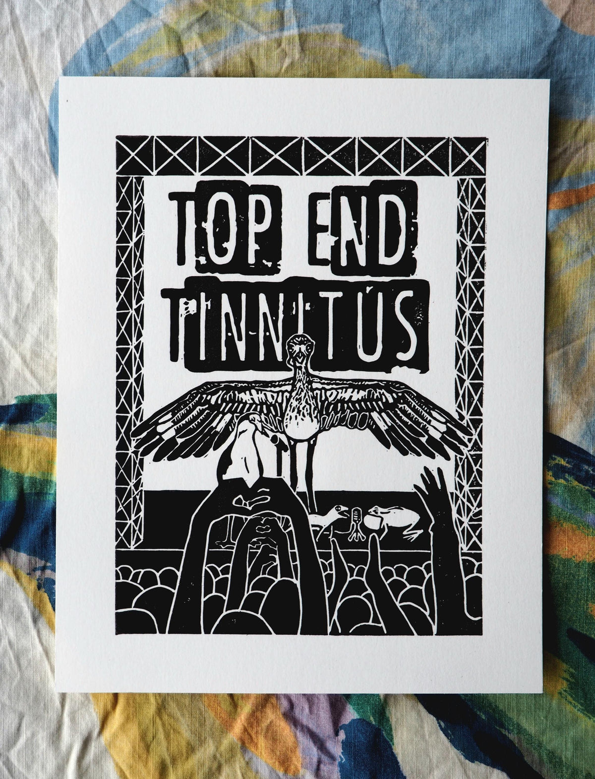 Linocut Print – Bush Stone Curlew, Frog, Plover Wildlife Art (A5)