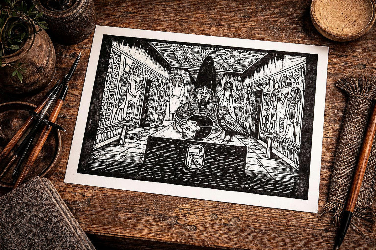 A4 hand-carved Ancient Egyptian Tomb linocut print