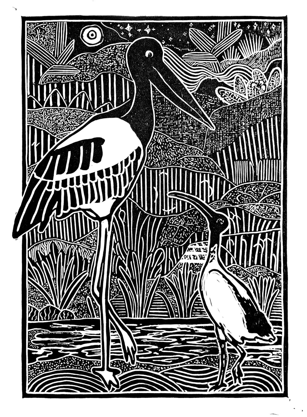 Ibis and Jabiru Linoprint: A4 Handcrafted Australian Nature Art