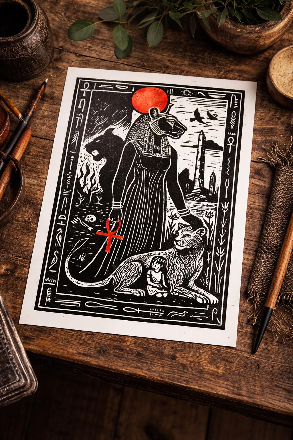 Sekhmet – A4 sized hand-carved linocut print of Egyptian Goddess Sekhmet