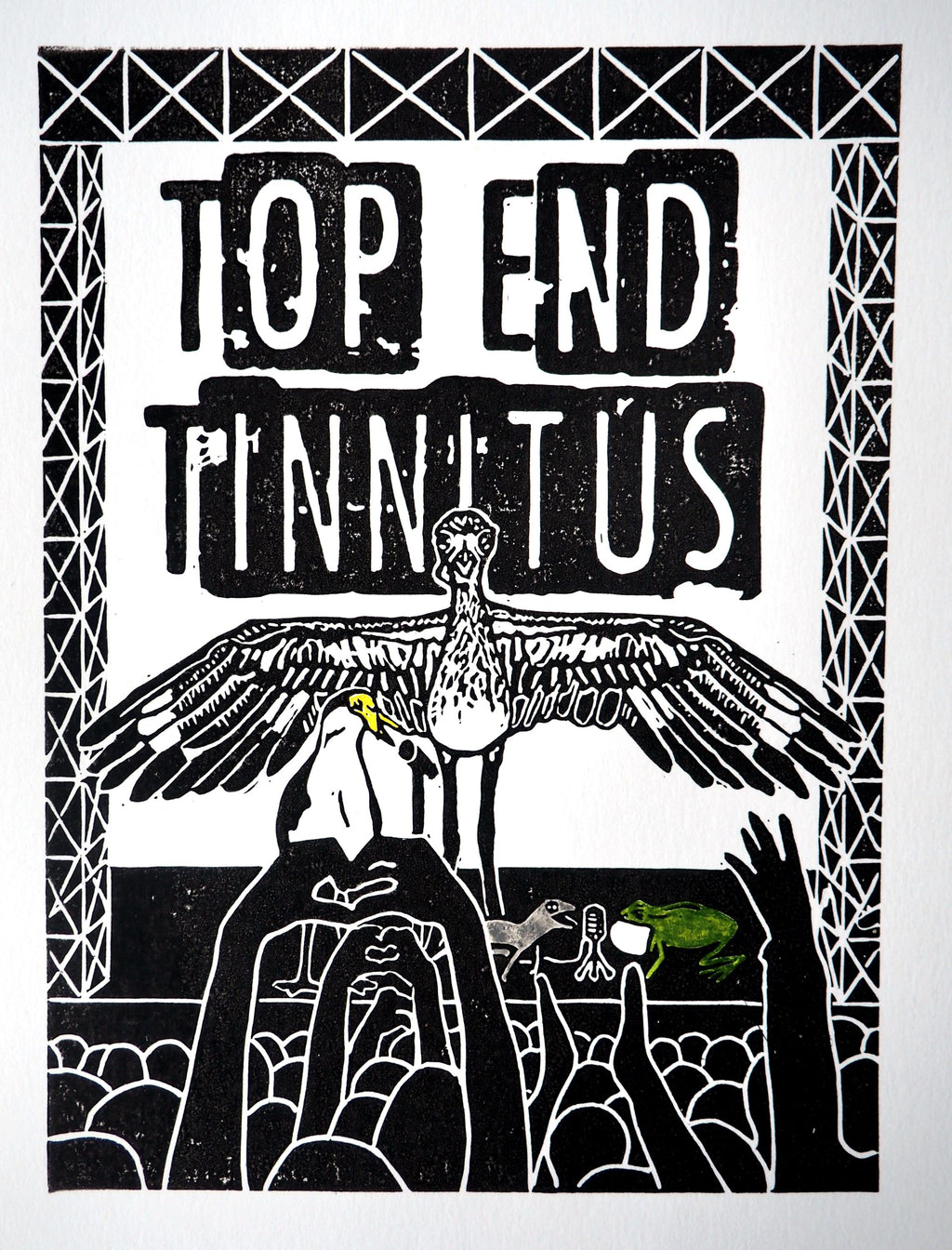 Linocut Print – Bush Stone Curlew, Frog, Plover Wildlife Art (A5)