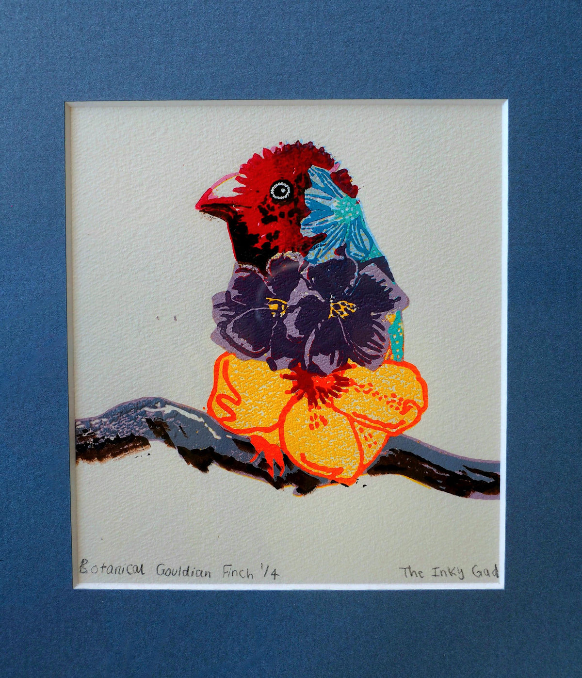 Professionally Framed Linoprint - Limited Edition of 4 Gouldian Finch Reduction linocut print