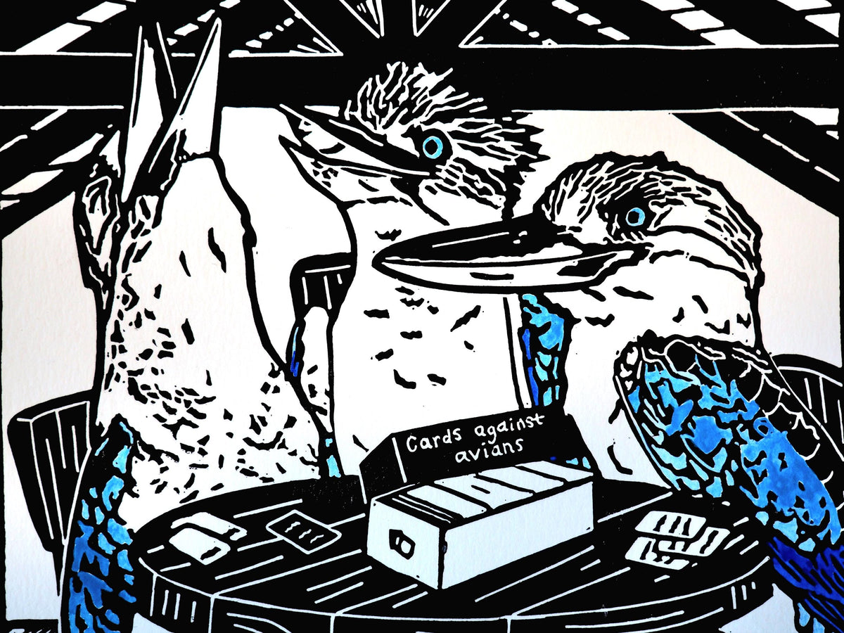 Hand-Coloured Linoprint – Blue-Winged Kookaburra Artwork, Limited Edition Bird Print