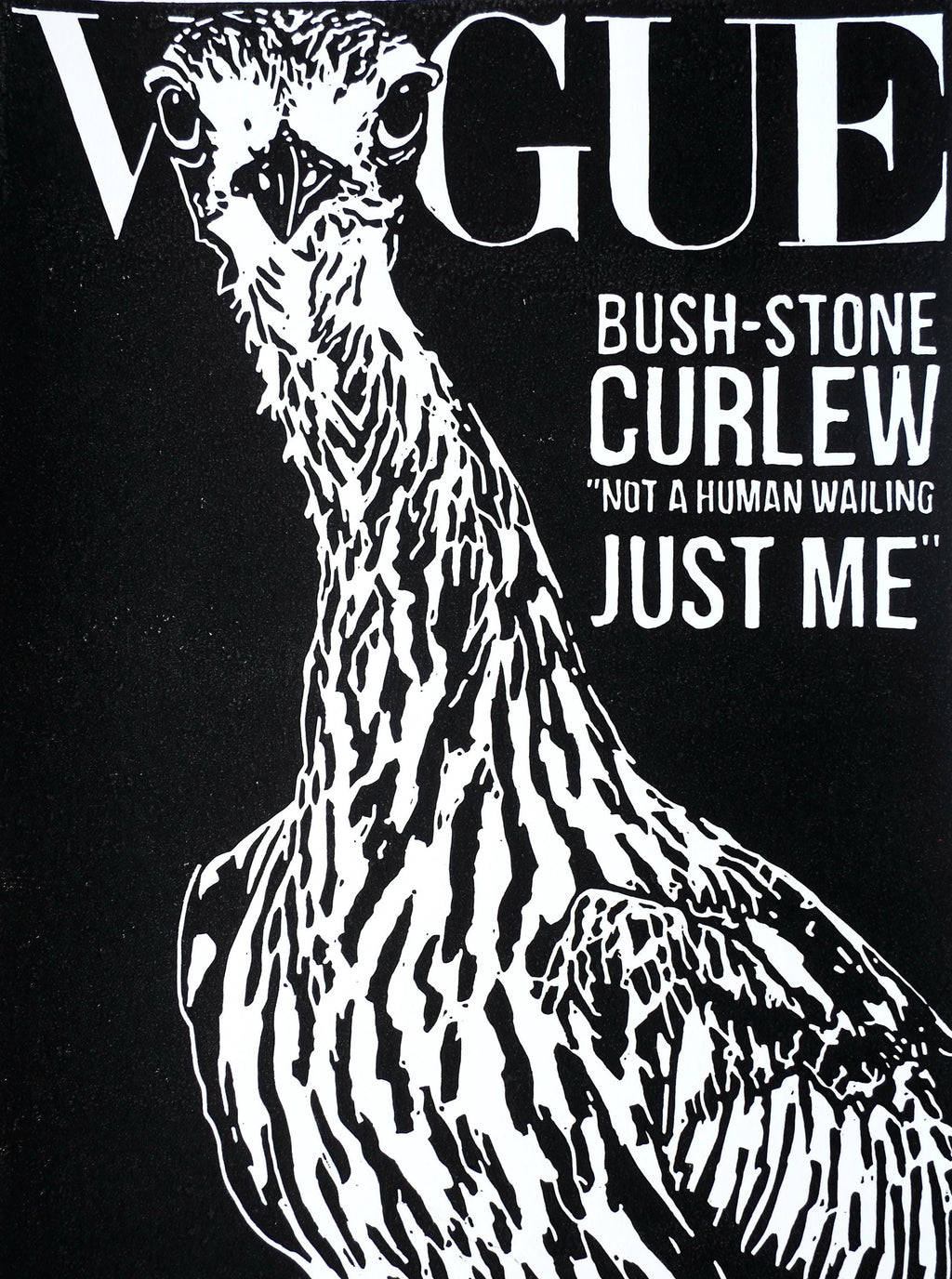 Vogue Curlew Linocut Print | Bush Stone-Curlew Australian Wildlife Art (Black & White)