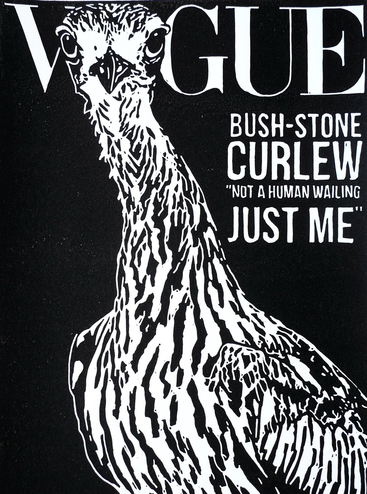 Vogue Curlew Linocut Print | Bush Stone-Curlew Australian Wildlife Art (Black & White)