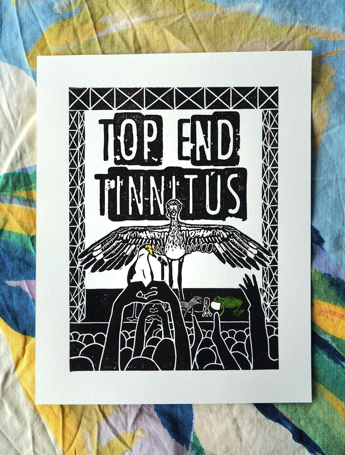 Linocut Print – Bush Stone Curlew, Frog, Plover Wildlife Art (A5)