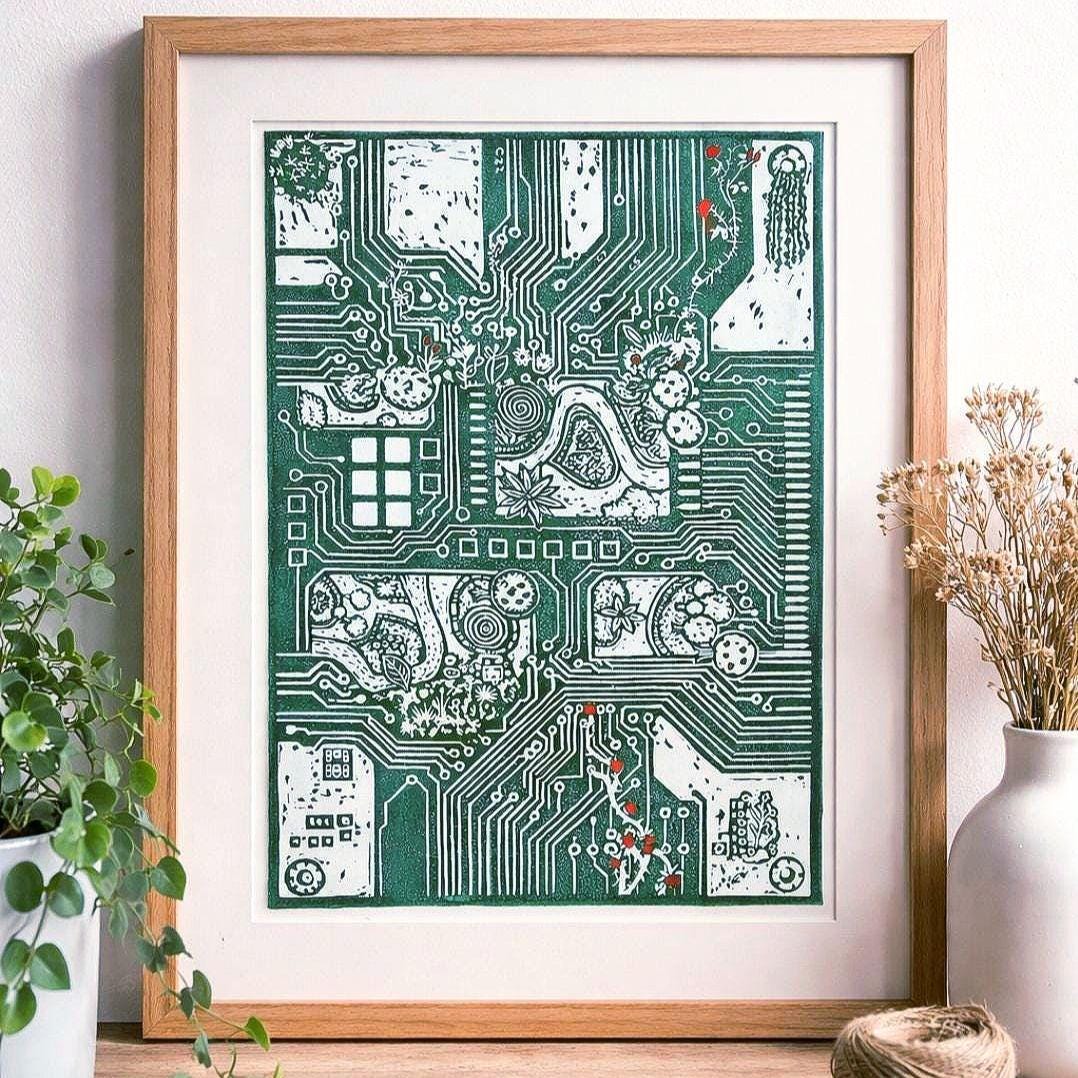 System Error Linoprint: Circuit Board & Roses - Tech Nature Art