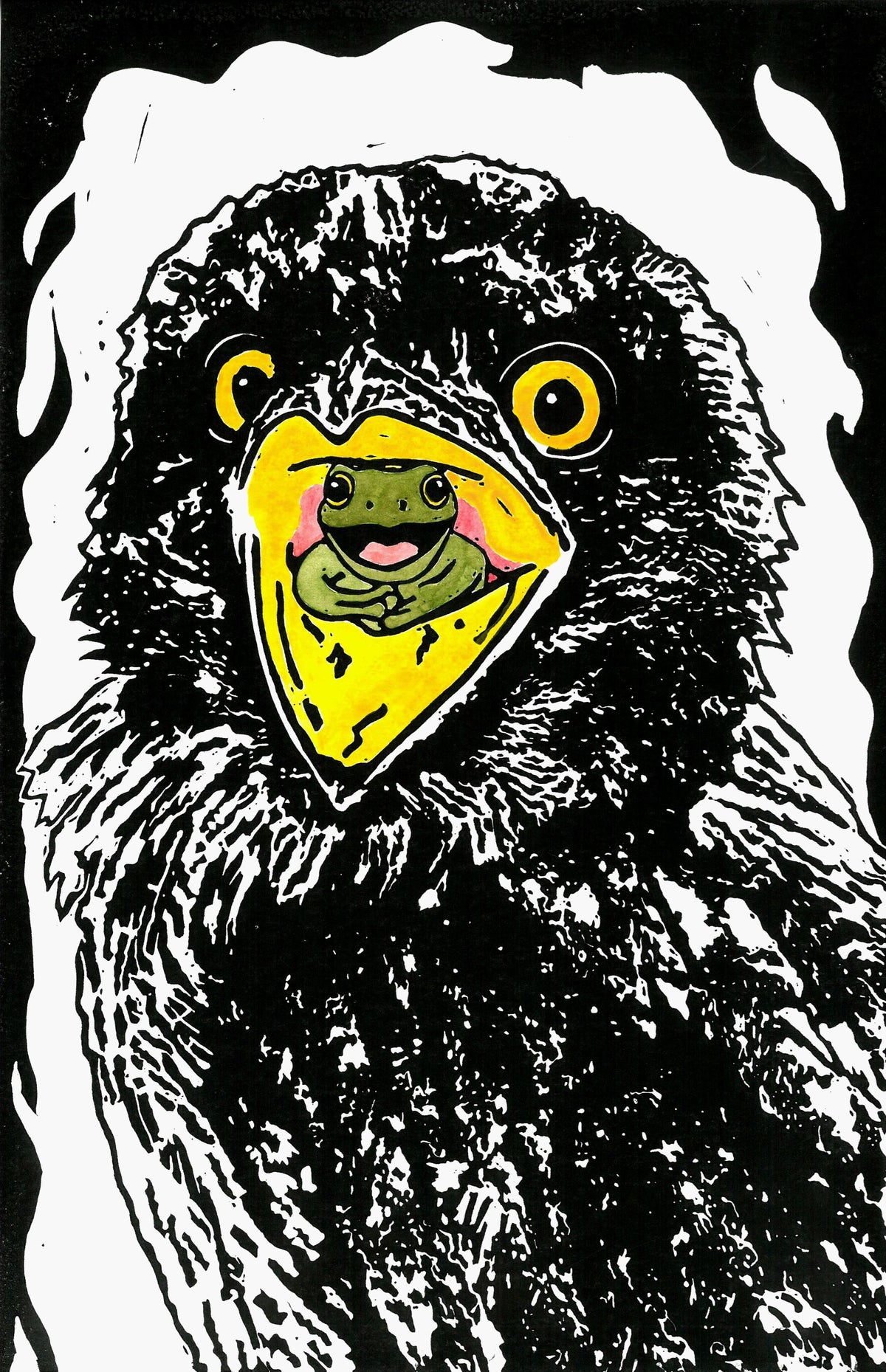 Tawny Frogmouth Linoprint | Quirky Australian Bird Wall Art, A4 (Black & White or Watercolour)