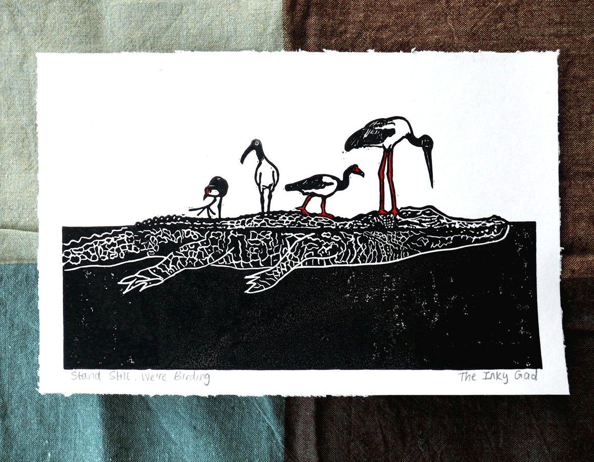 Australian Bird Art Print – Jabiru, Ibis, Jacana and Magpie Goose Linocut, Crocodile Wildlife Print