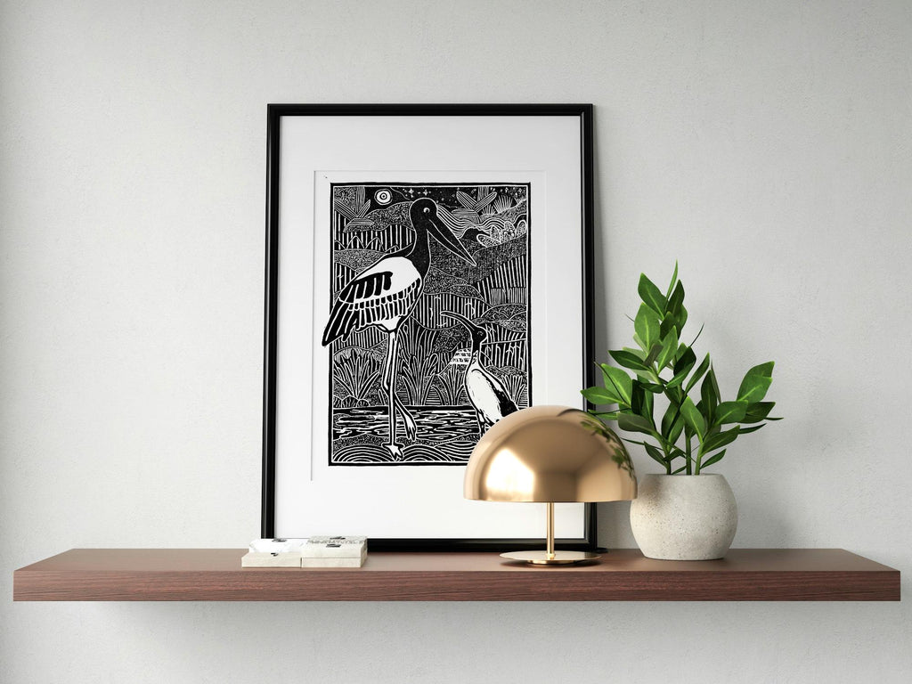 Ibis and Jabiru Linoprint: A4 Handcrafted Australian Nature Art