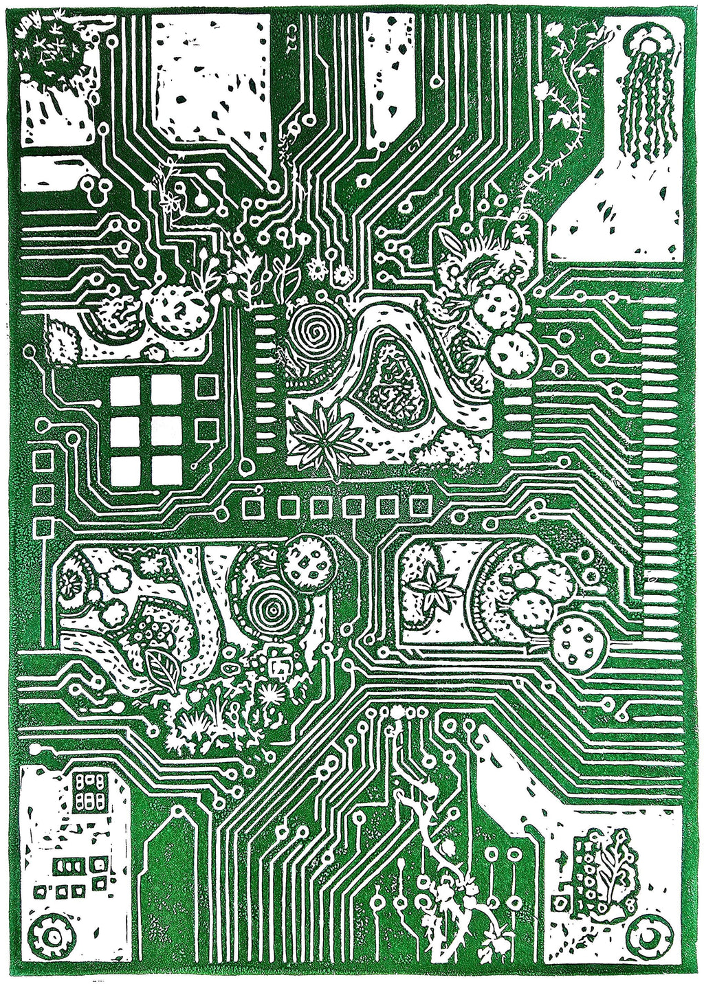 System Error Linoprint: Circuit Board & Roses - Tech Nature Art