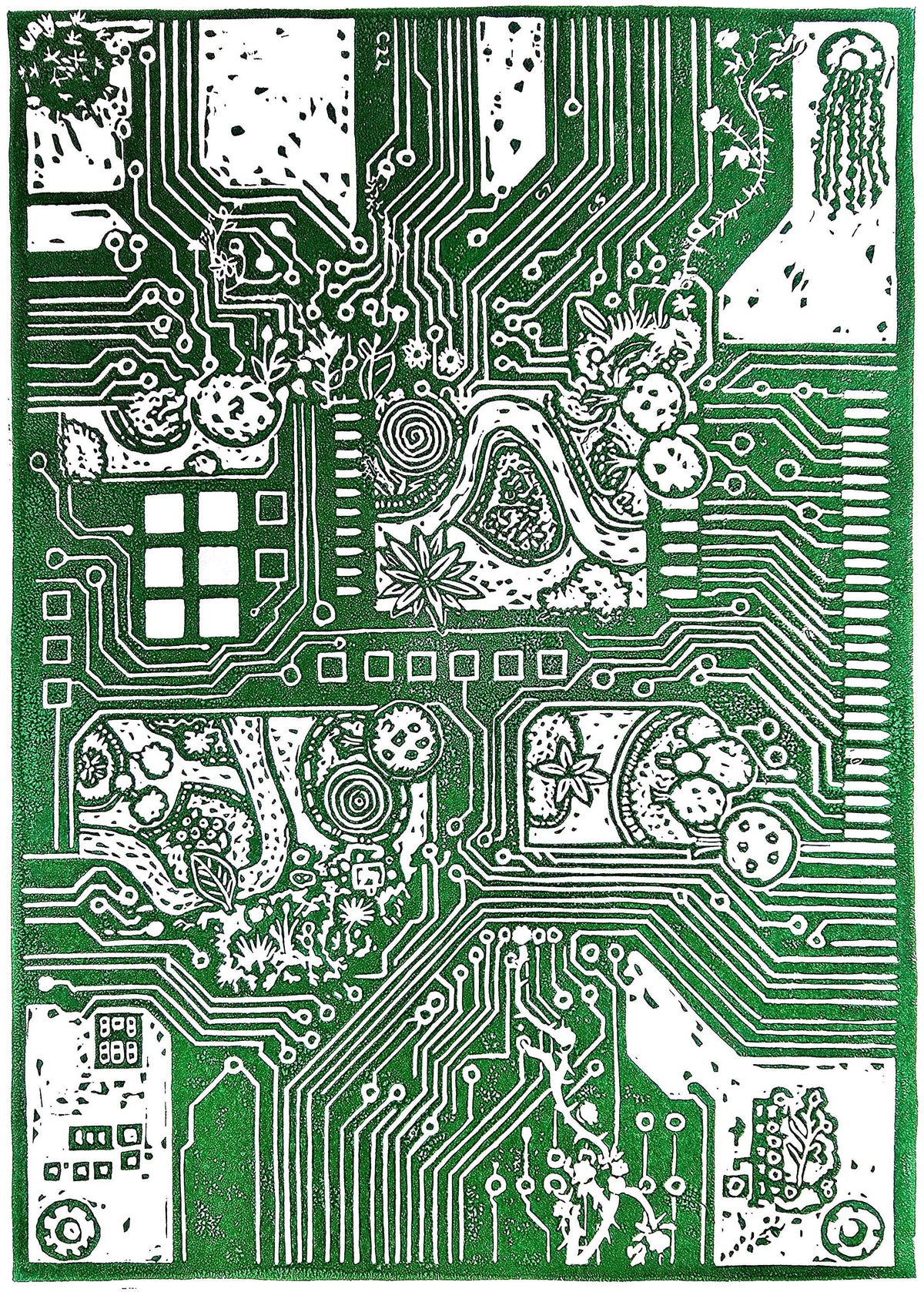 System Error Linoprint: Circuit Board & Roses - Tech Nature Art