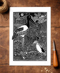Ibis and Jabiru Linoprint: A4 Handcrafted Australian Nature Art