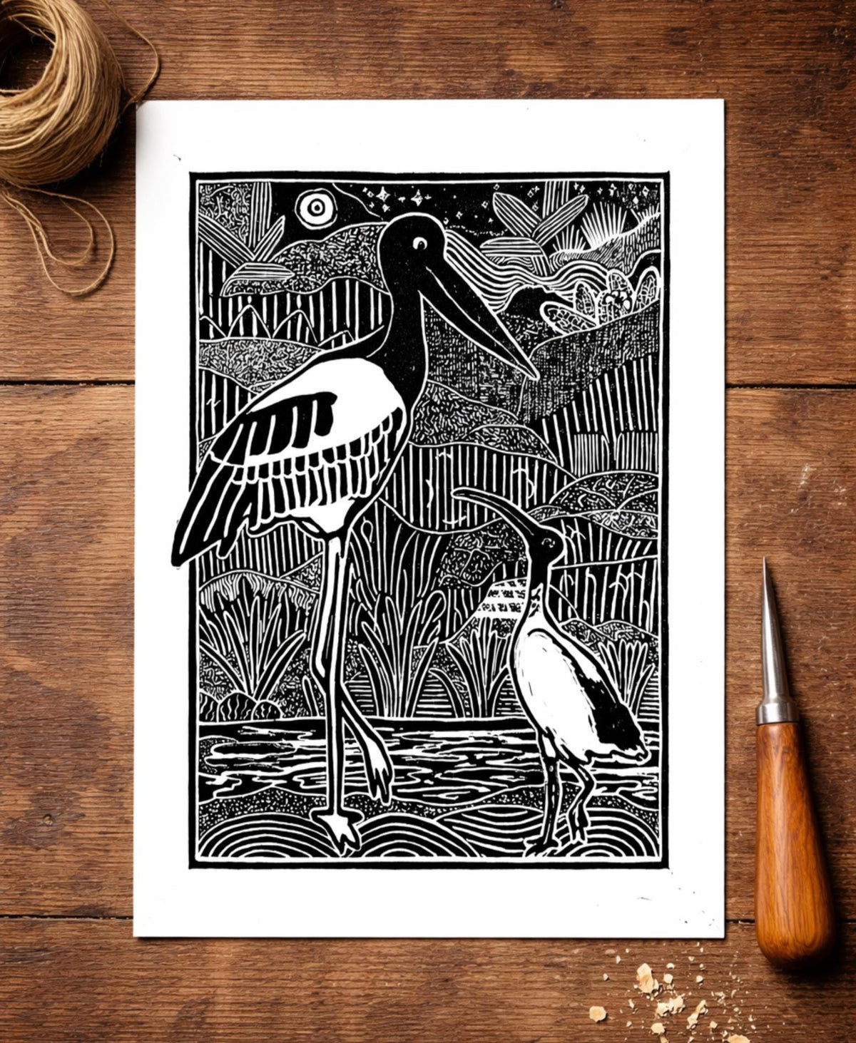 Ibis and Jabiru Linoprint: A4 Handcrafted Australian Nature Art