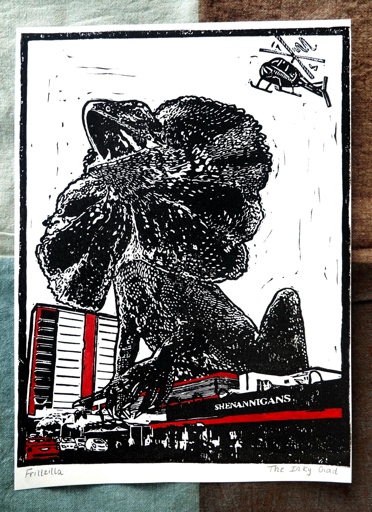 Giant Frill-Neck Lizard in Darwin – Hand-Pulled Linoprint (A4) | Australian Wildlife Art | Optional Red Watercolour