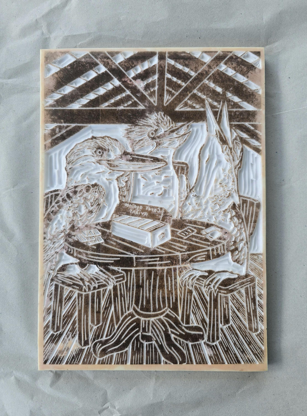 Hand-Coloured Linoprint – Blue-Winged Kookaburra Artwork, Limited Edition Bird Print