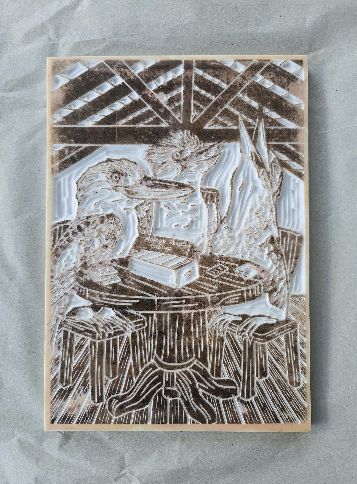Hand-Coloured Linoprint – Blue-Winged Kookaburra Artwork, Limited Edition Bird Print