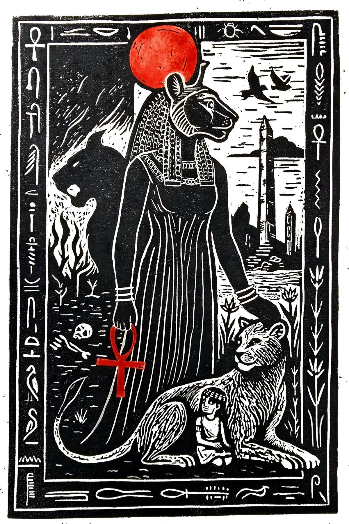 Sekhmet – A4 sized hand-carved linocut print of Egyptian Goddess Sekhmet