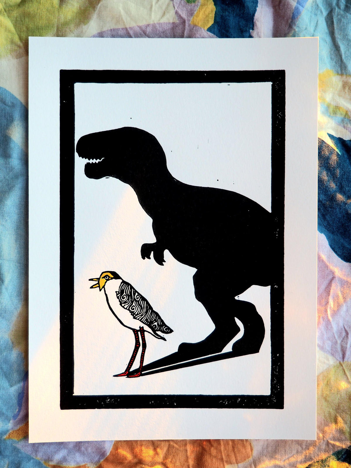 Plover P-Rex Linoprint – Australian Bird Art, Hand-Coloured Watercolour Details