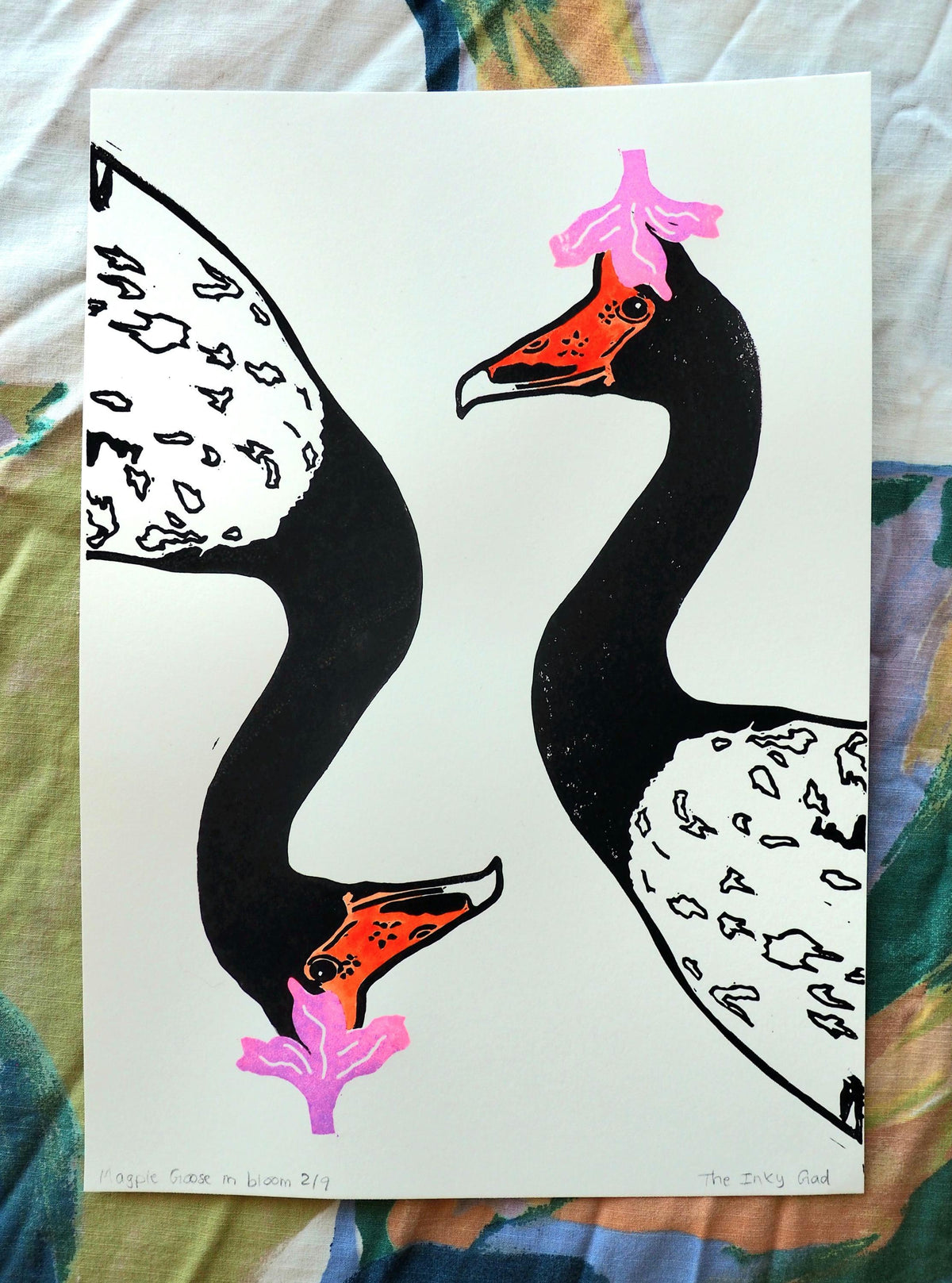 Magpie Goose Linoprint | Hand-Coloured Orange Watercolour Wildlife Art (A4)