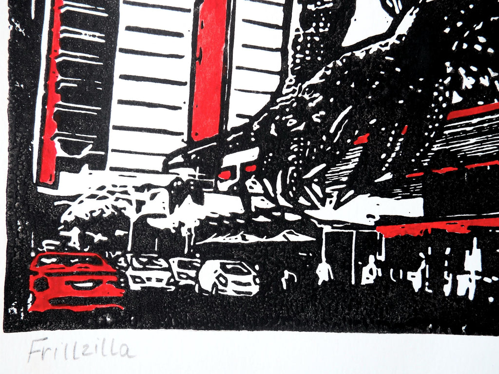 Giant Frill-Neck Lizard in Darwin – Hand-Pulled Linoprint (A4) | Australian Wildlife Art | Optional Red Watercolour