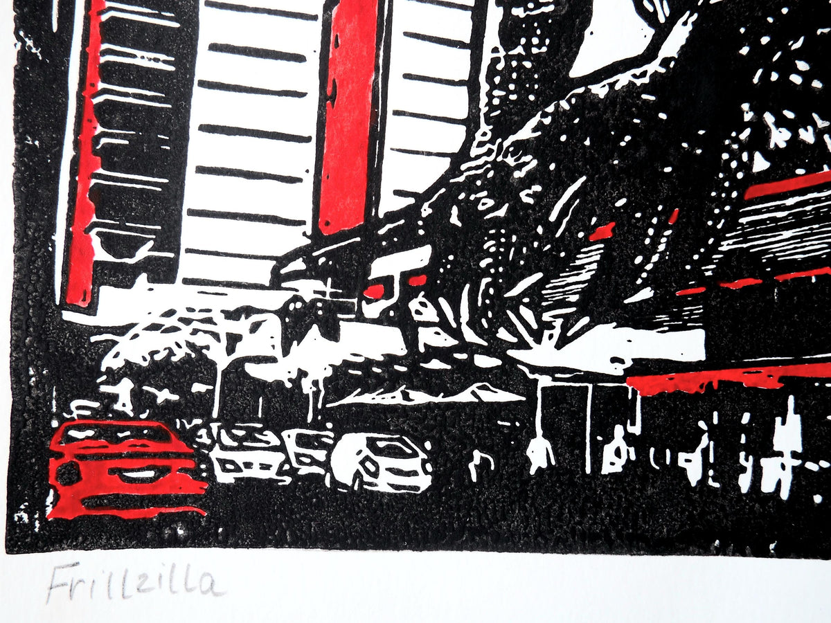Giant Frill-Neck Lizard in Darwin – Hand-Pulled Linoprint (A4) | Australian Wildlife Art | Optional Red Watercolour
