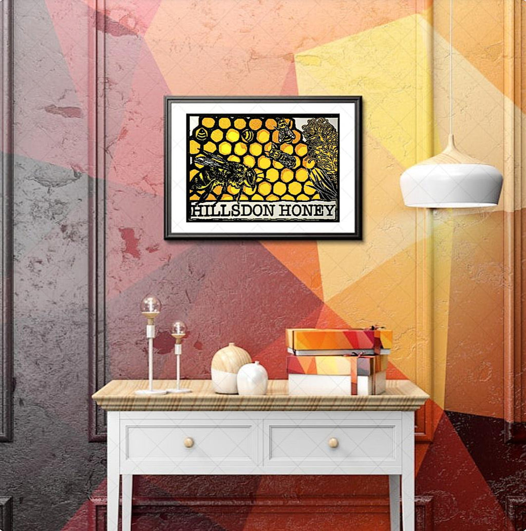 Hillsdon Honey – A4 Bee Art Reduction Linoprint | Limited Edition of 6 | Handmade Print