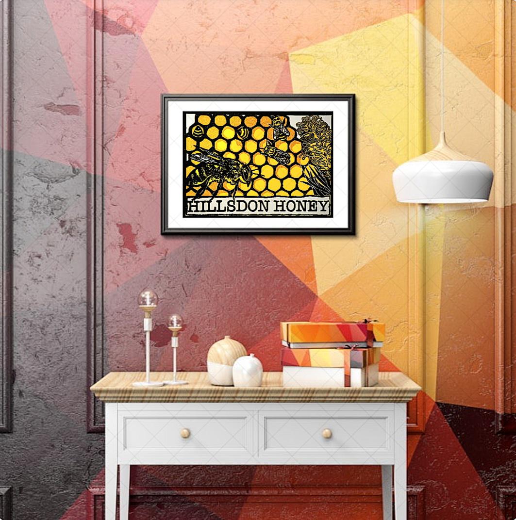 Hillsdon Honey – A4 Bee Art Reduction Linoprint | Limited Edition of 6 | Handmade Print