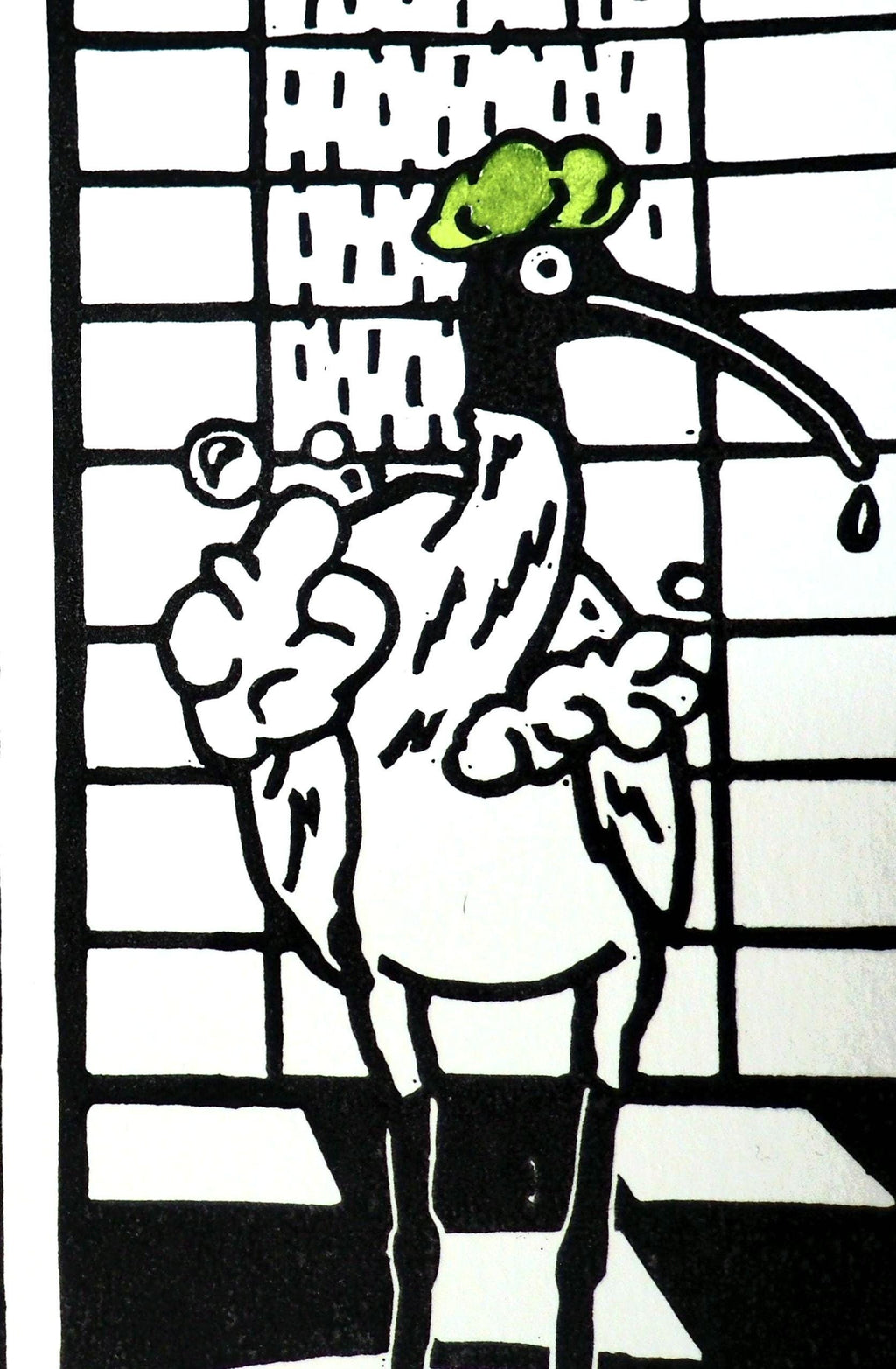 Ibis in the Shower Linocut Print – Funny Bathroom Bird Wall Art – Hand Printed Linoprint