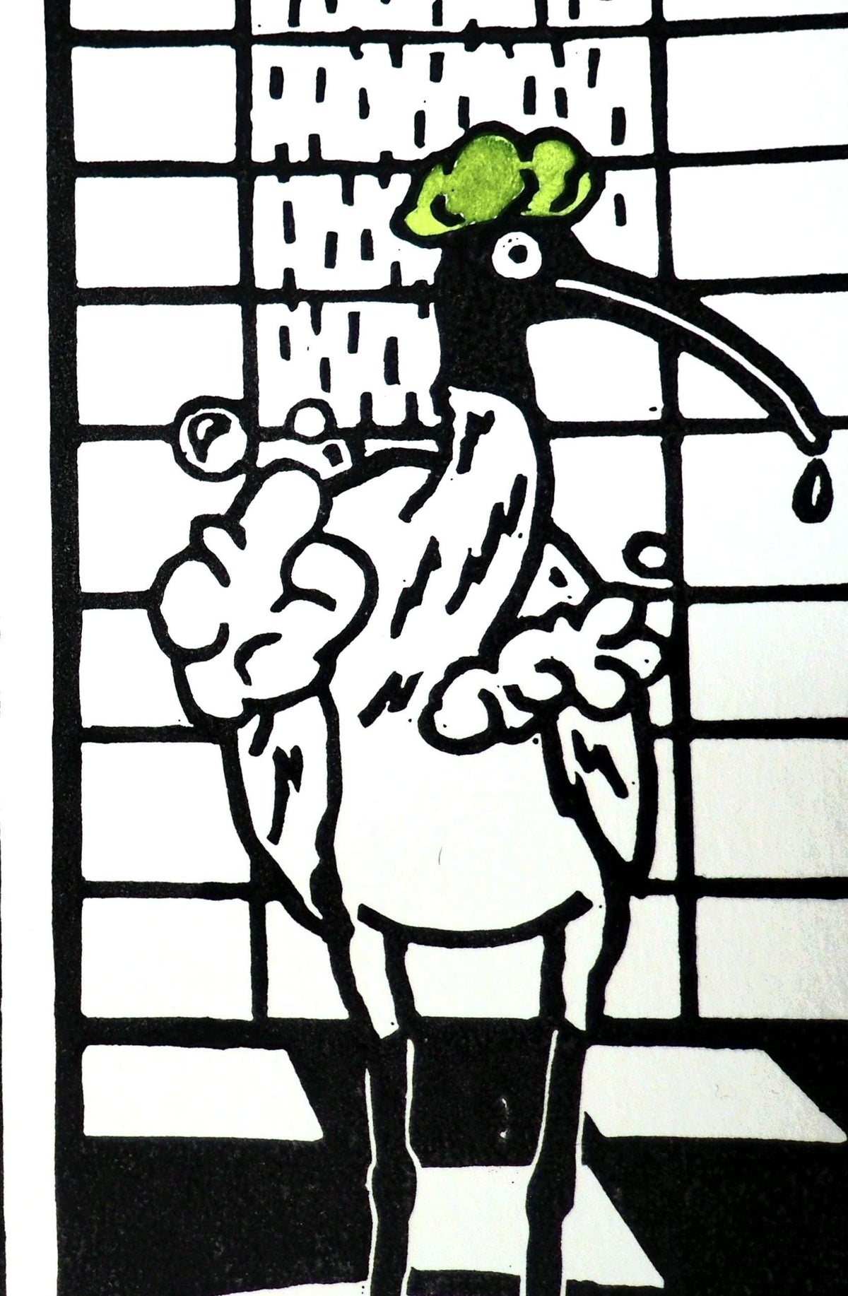 Ibis in the Shower Linocut Print – Funny Bathroom Bird Wall Art – Hand Printed Linoprint