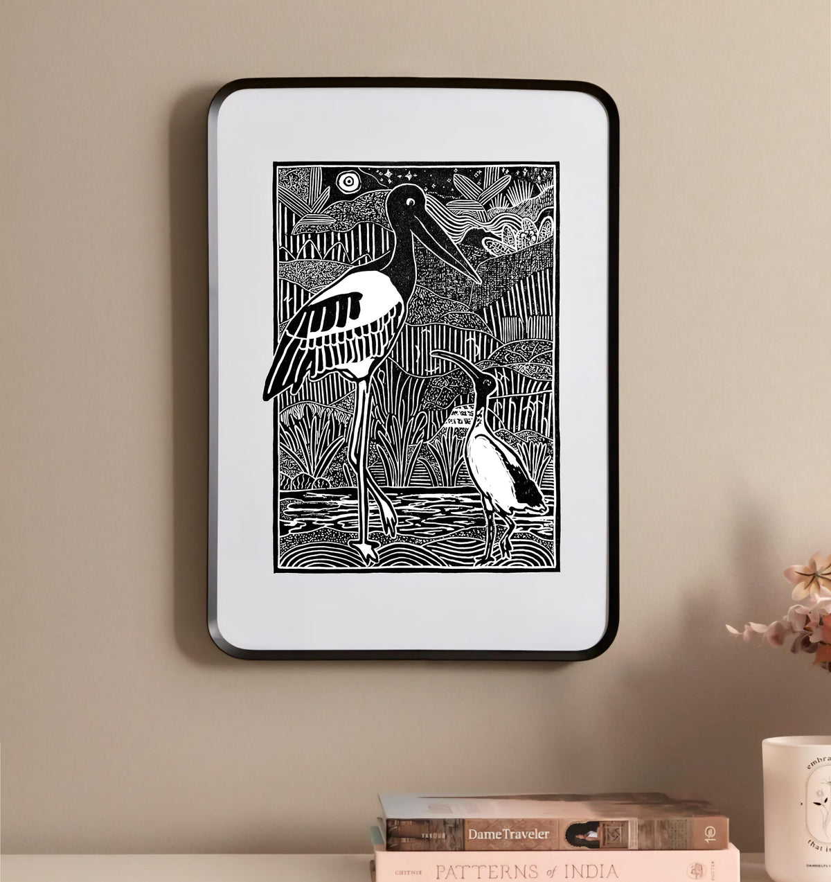 Ibis and Jabiru Linoprint: A4 Handcrafted Australian Nature Art