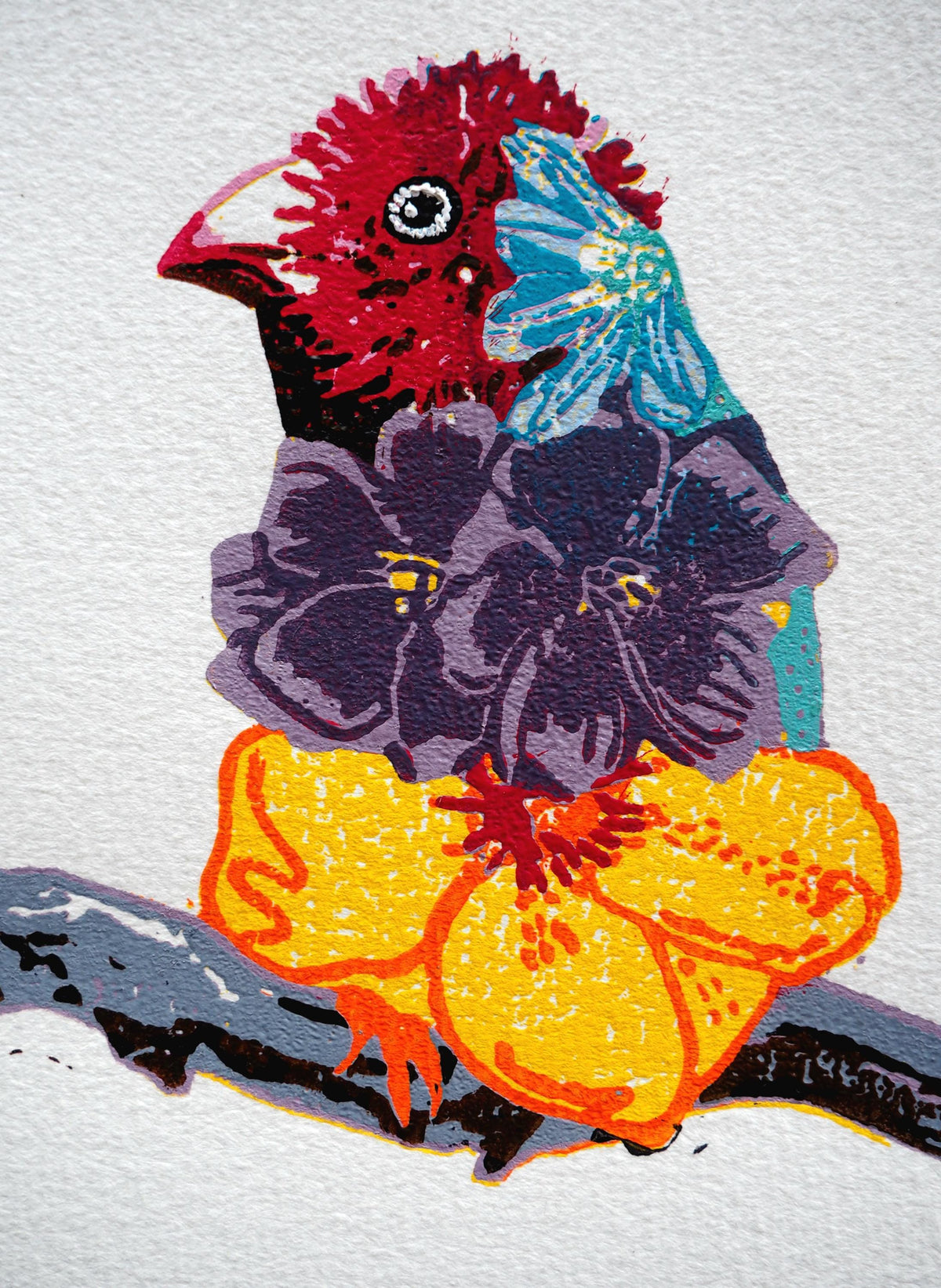 Professionally Framed Linoprint - Limited Edition of 4 Gouldian Finch Reduction linocut print