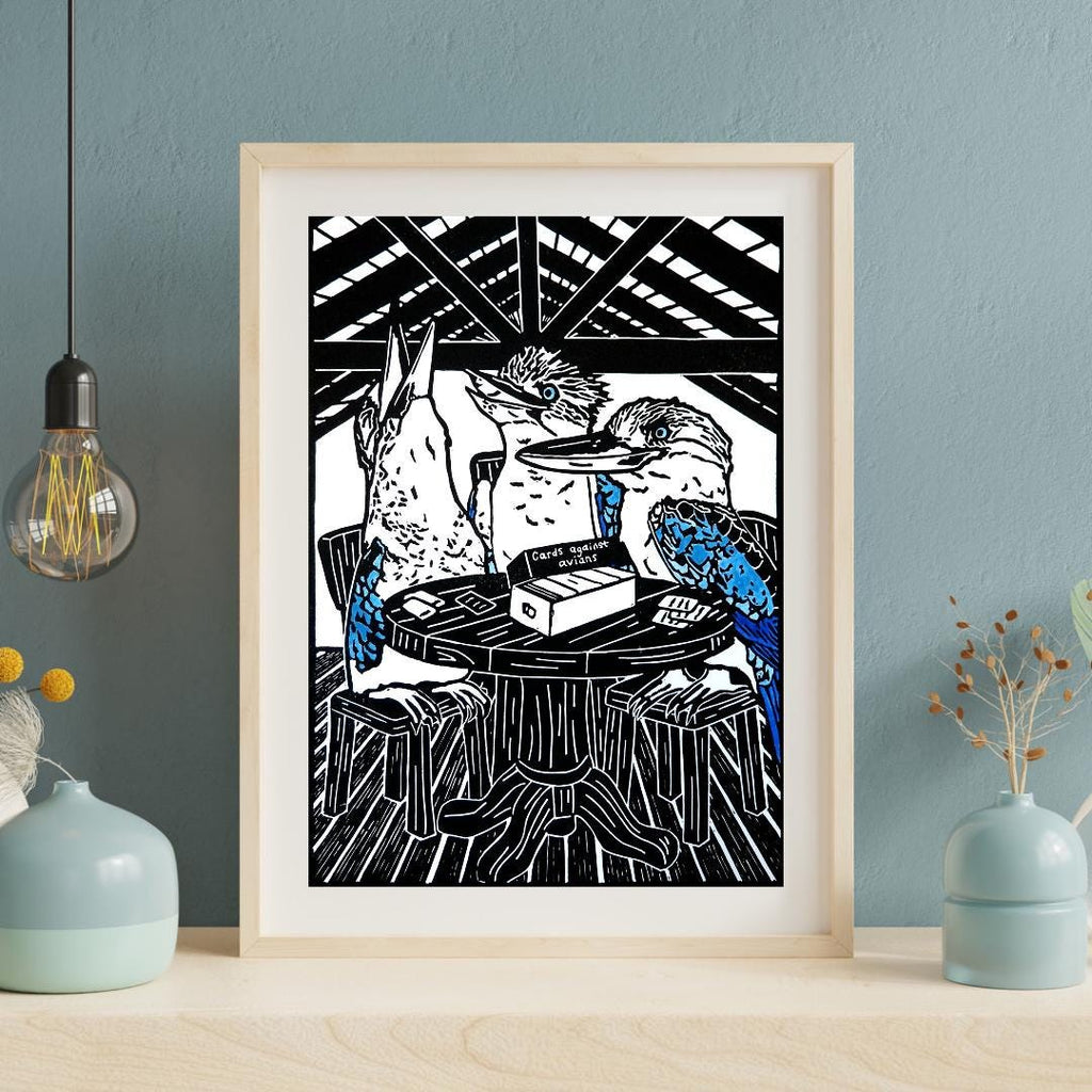 Hand-Coloured Linoprint – Blue-Winged Kookaburra Artwork, Limited Edition Bird Print