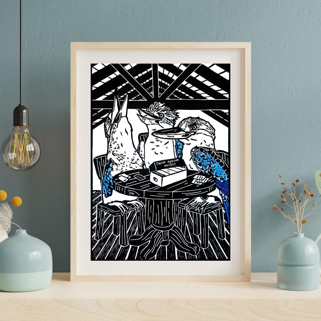 Hand-Coloured Linoprint – Blue-Winged Kookaburra Artwork, Limited Edition Bird Print