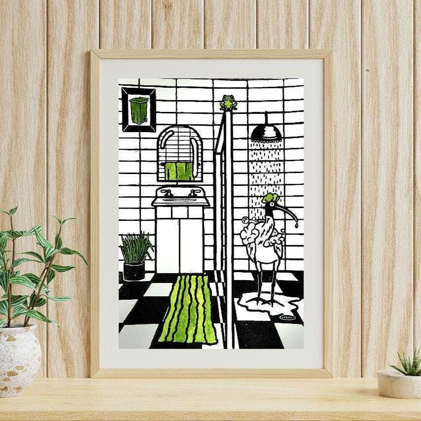 Ibis in the Shower Linocut Print – Funny Bathroom Bird Wall Art – Hand Printed Linoprint