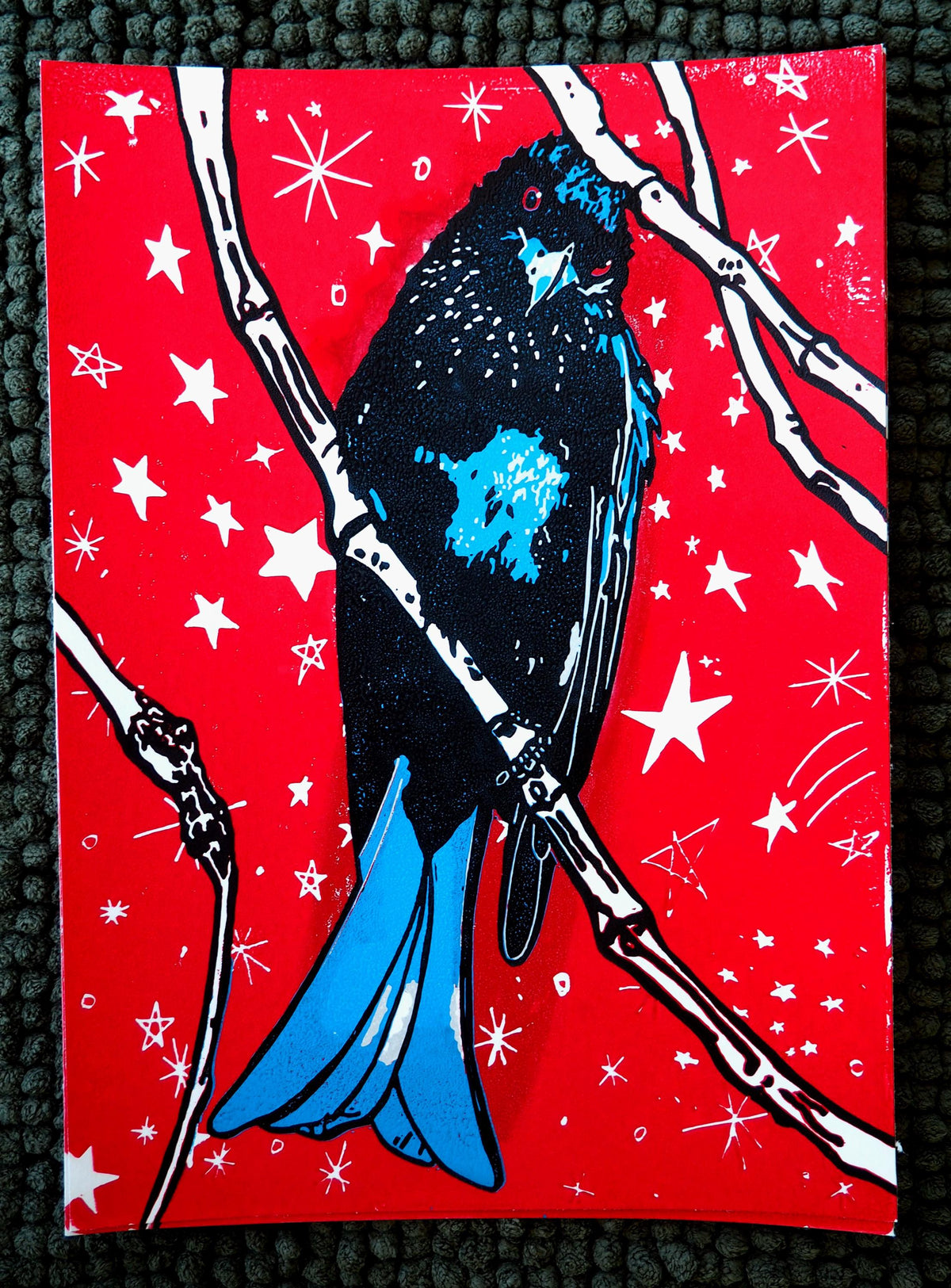 Spangled Drongo Linocut Print | Australian Bird Art (A4 Limited Edition)