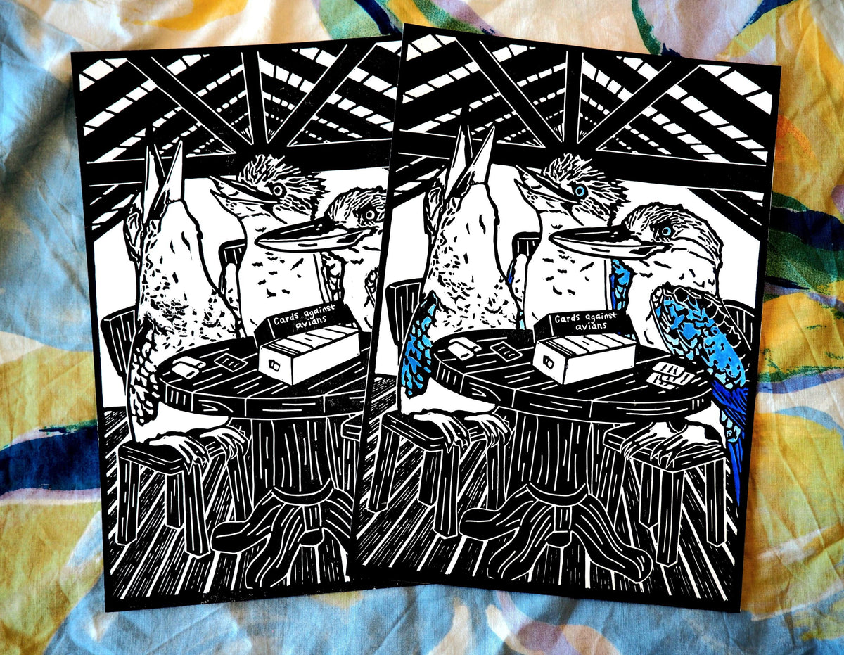 Hand-Coloured Linoprint – Blue-Winged Kookaburra Artwork, Limited Edition Bird Print