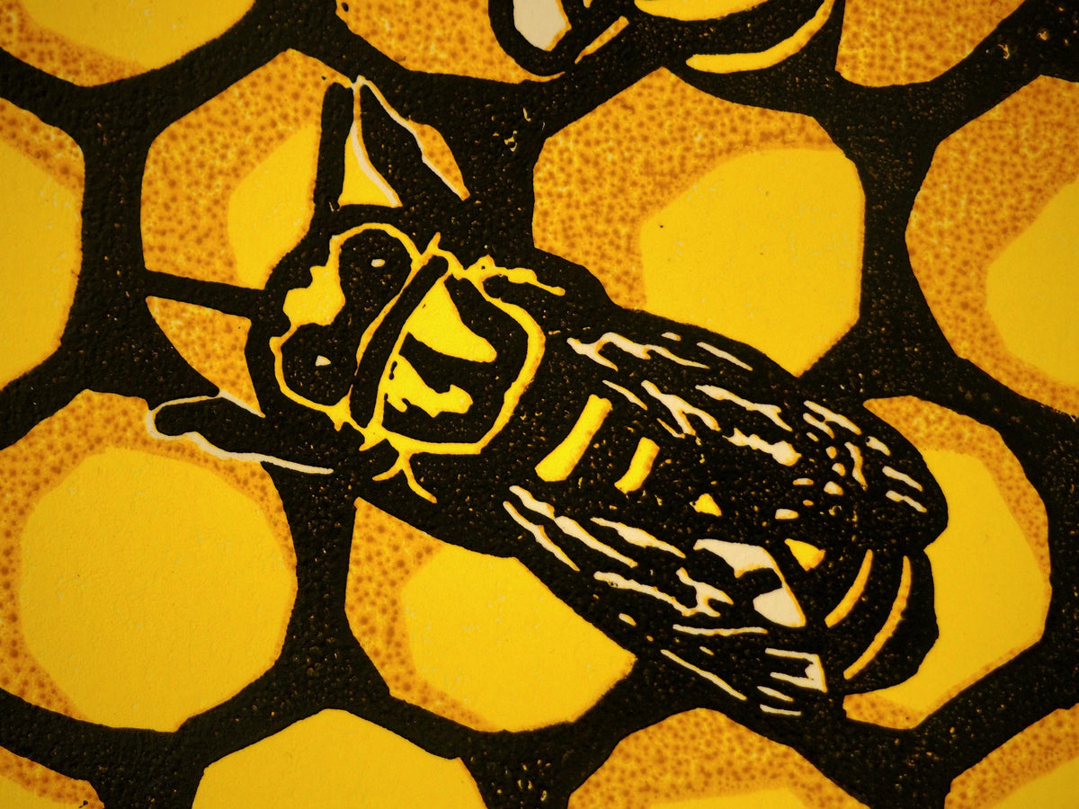 Hillsdon Honey – A4 Bee Art Reduction Linoprint | Limited Edition of 6 | Handmade Print