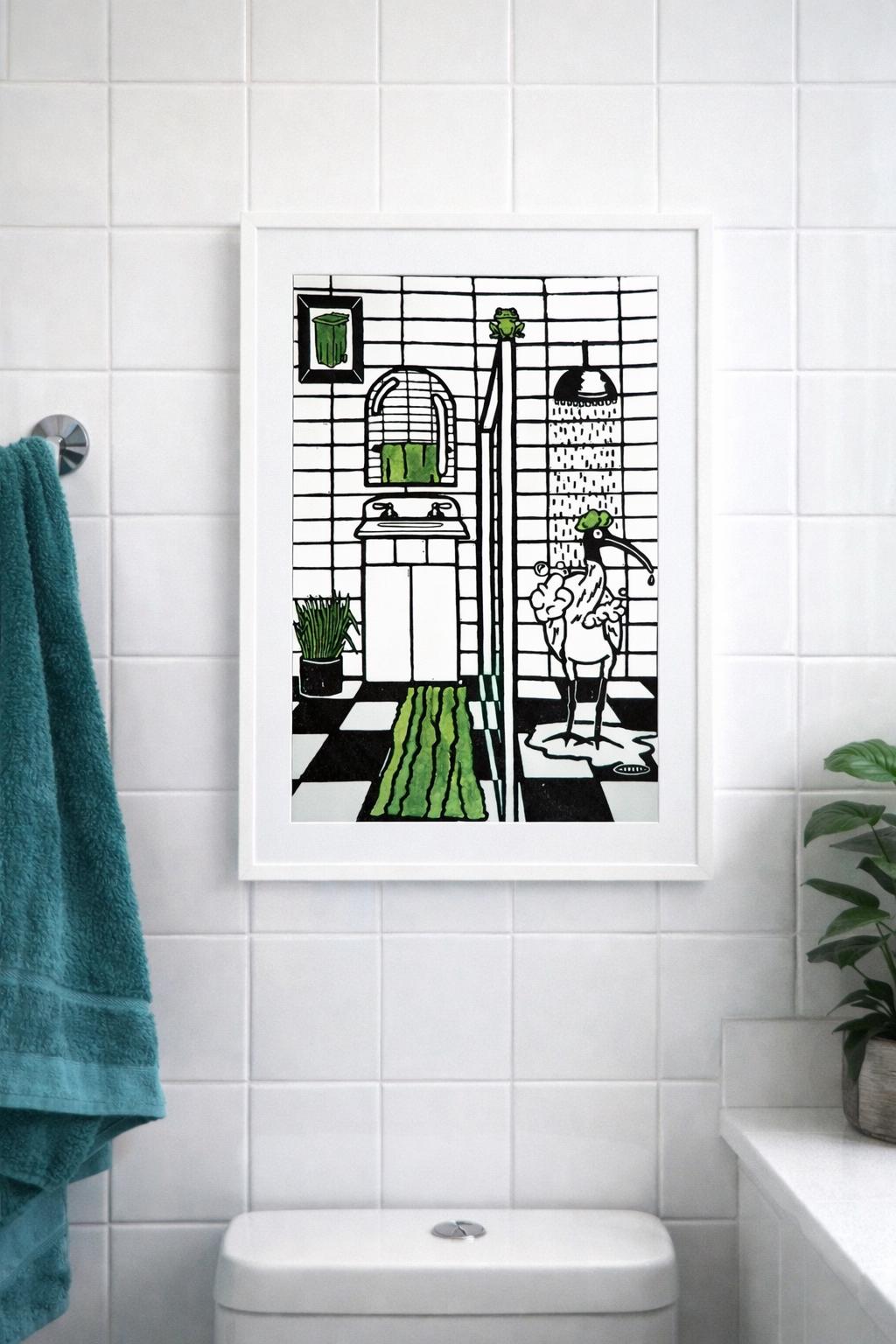 Ibis in the Shower Linocut Print – Funny Bathroom Bird Wall Art – Hand Printed Linoprint