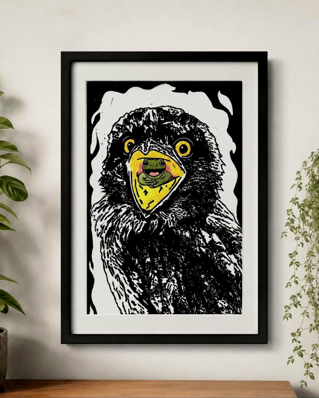 Tawny Frogmouth Linoprint | Quirky Australian Bird Wall Art, A4 (Black & White or Watercolour)