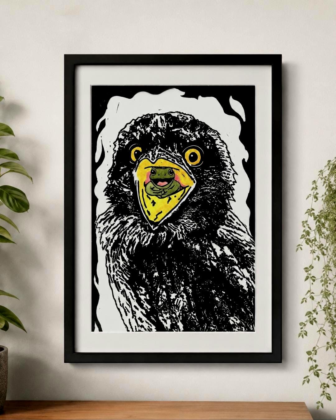 Tawny Frogmouth Linoprint | Quirky Australian Bird Wall Art, A4 (Black & White or Watercolour)
