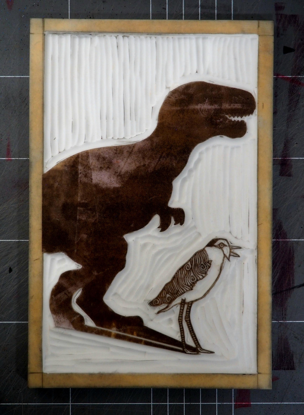 Plover P-Rex Linoprint – Australian Bird Art, Hand-Coloured Watercolour Details
