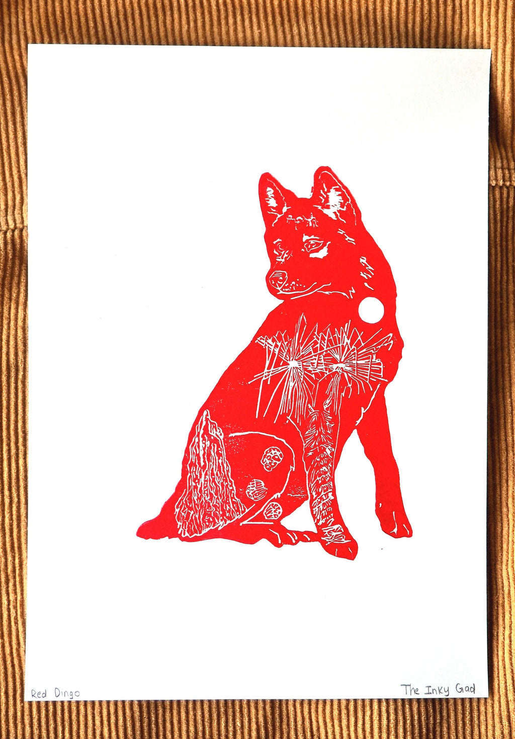 Red Dingo Linoprint | Australian Wildlife Relief Print | A4 Bush Motifs Wall Art