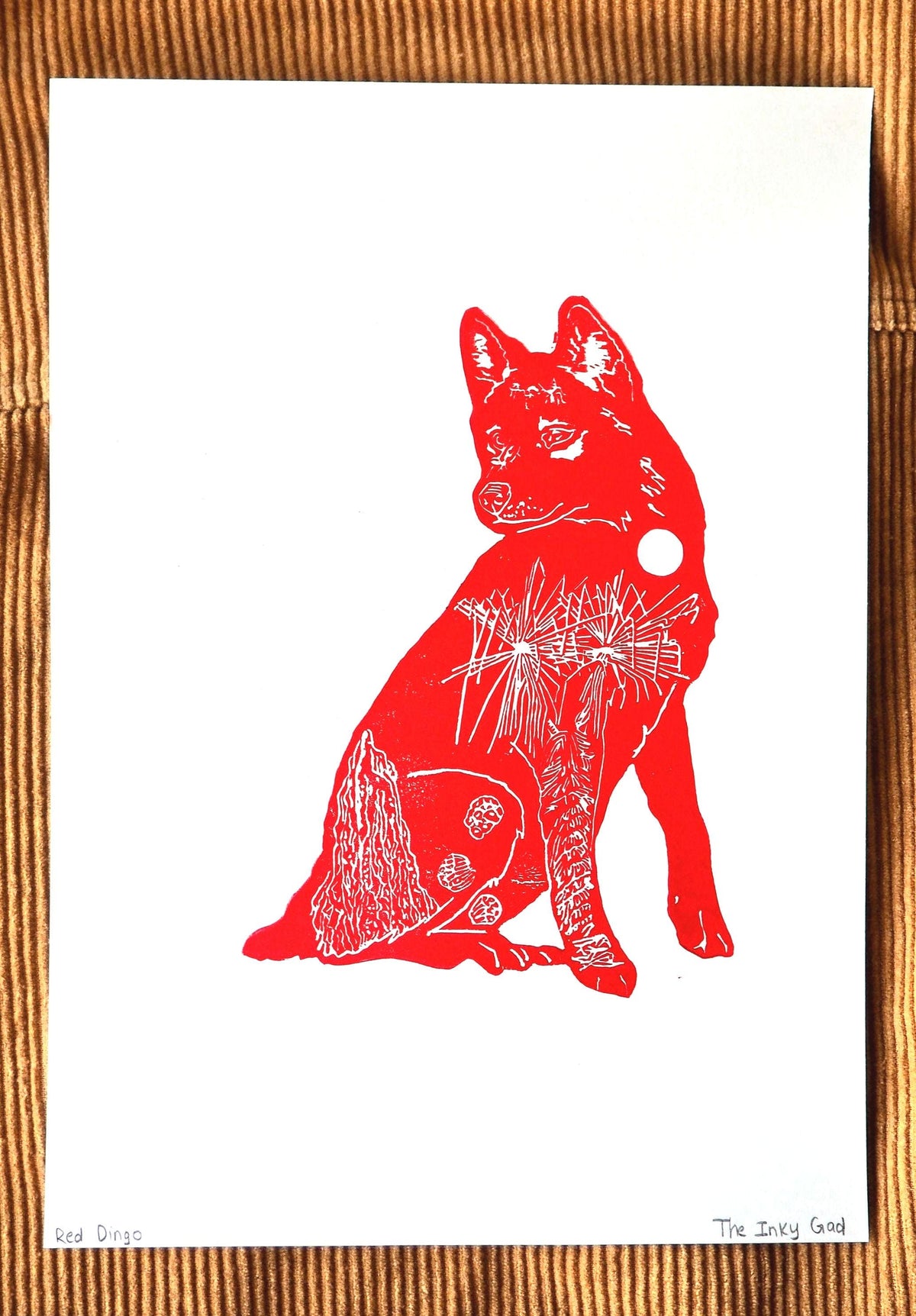 Red Dingo Linoprint | Australian Wildlife Relief Print | A4 Bush Motifs Wall Art