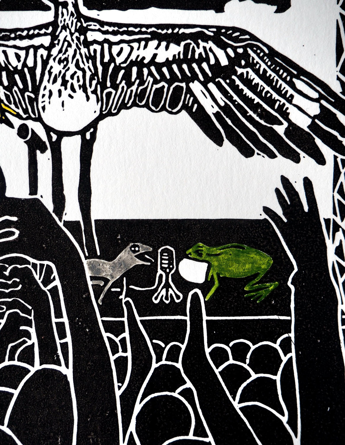 Linocut Print – Bush Stone Curlew, Frog, Plover Wildlife Art (A5)