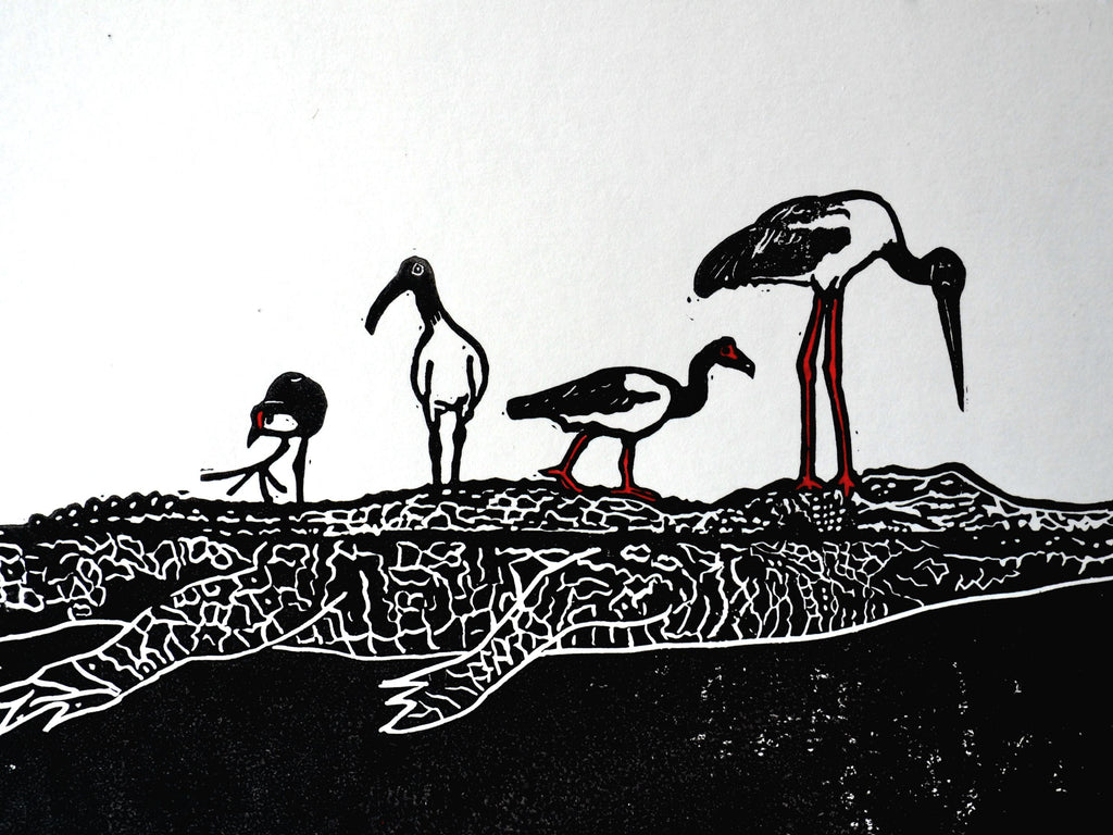 Australian Bird Art Print – Jabiru, Ibis, Jacana and Magpie Goose Linocut, Crocodile Wildlife Print