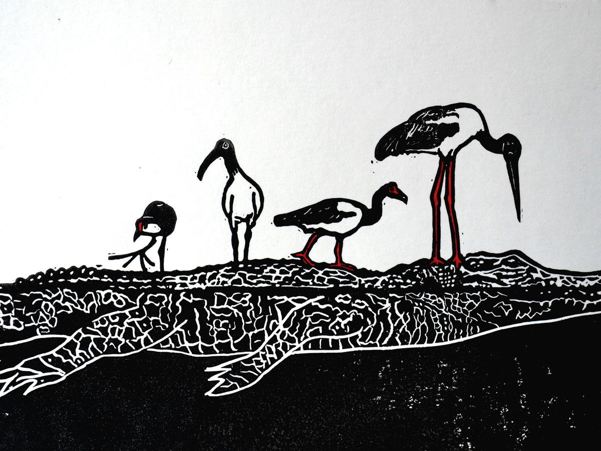 Australian Bird Art Print – Jabiru, Ibis, Jacana and Magpie Goose Linocut, Crocodile Wildlife Print