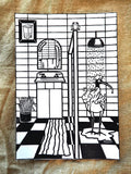 Ibis in the Shower Linocut Print – Funny Bathroom Bird Wall Art – Hand Printed Linoprint