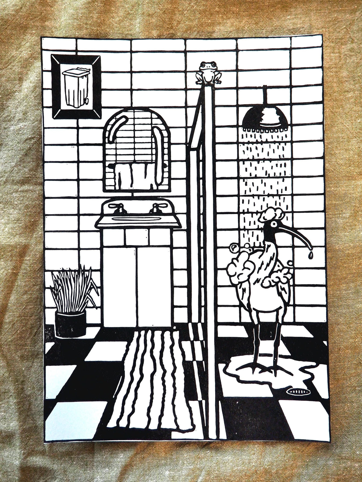 Ibis in the Shower Linocut Print – Funny Bathroom Bird Wall Art – Hand Printed Linoprint