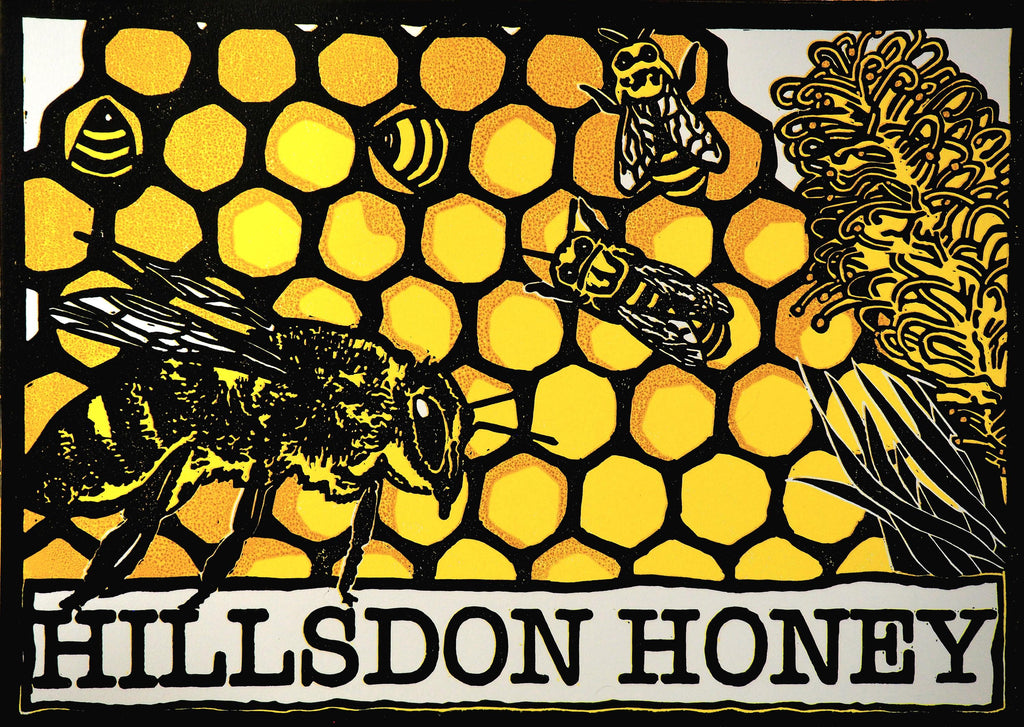 Hillsdon Honey – A4 Bee Art Reduction Linoprint | Limited Edition of 6 | Handmade Print